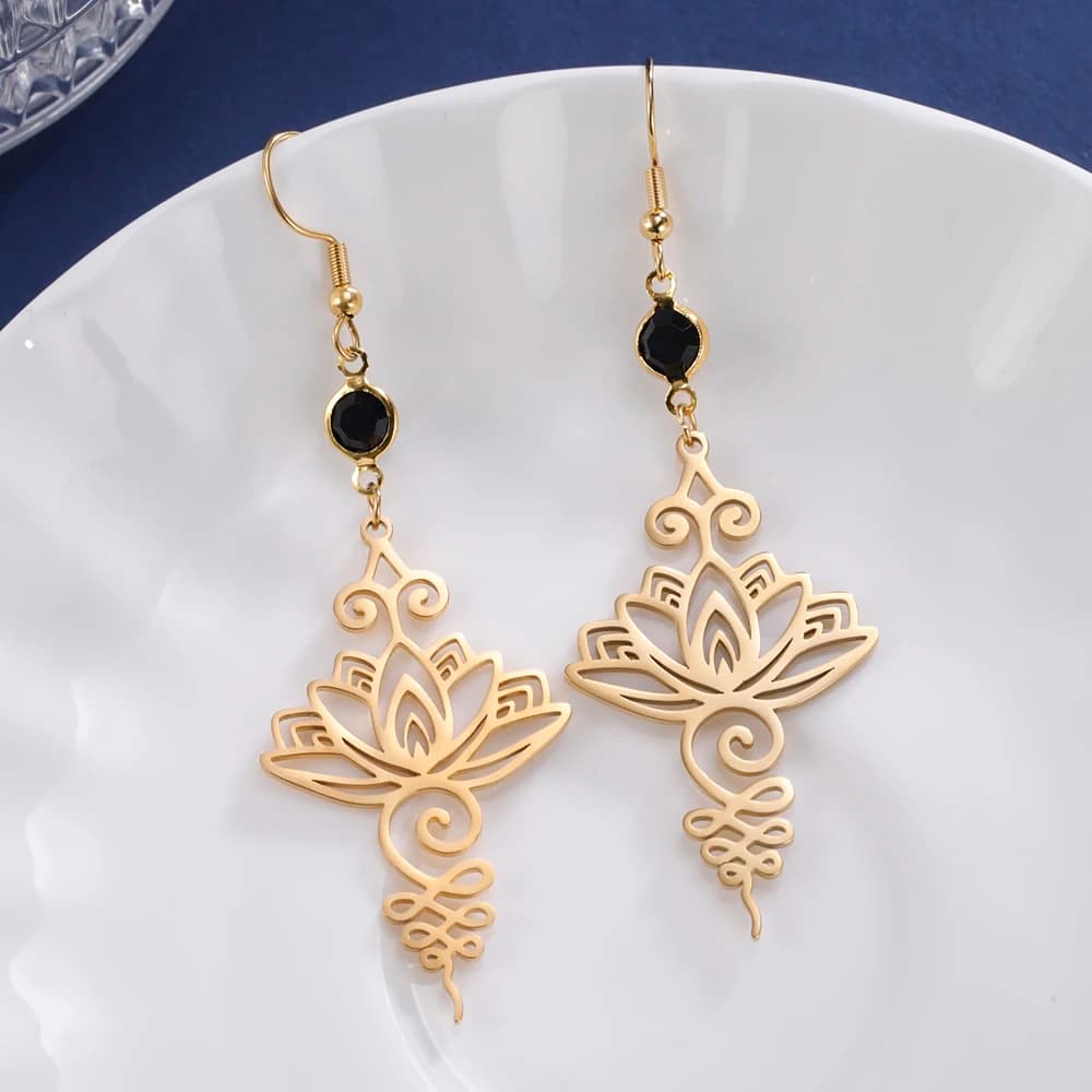 Dawapara Yoga Lotus Flower Unalome Symbol Bohemian Long Earrings Black Birthstone Buddhism Gift Stainless Steel Golden Jewelry