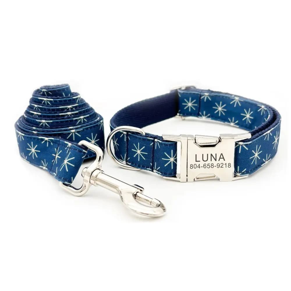Collare per cani personalizzato con incisione gratuita, guinzaglio per animali abbinato, contatti personalizzati, fibbia in metallo, collare per animali blu con stella incrociata
