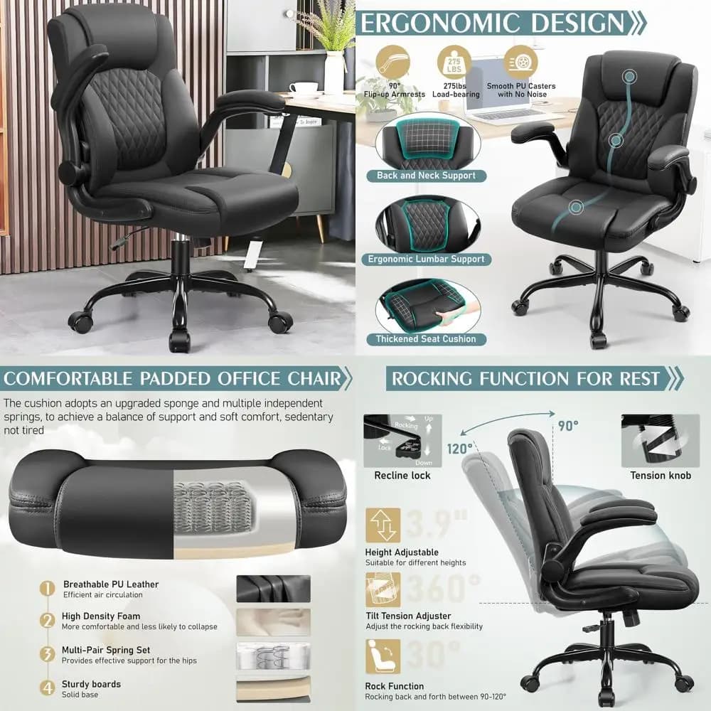Sedia da ufficio in pelle, sedie da scrivania per computer in PU con supporto ergonomico per la schiena, 360 ° Sedia da Gaming Girevole con Ruote, Compatta
