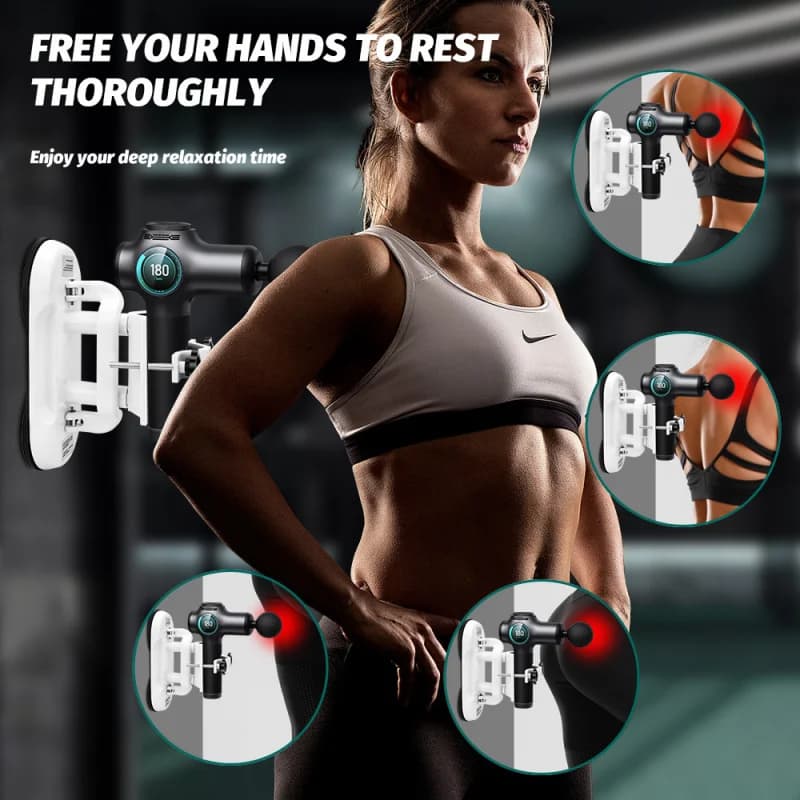 Free hand massage gun support with double suction cup base, adjustable strap gun support for muscle recovery and fitness relaxation