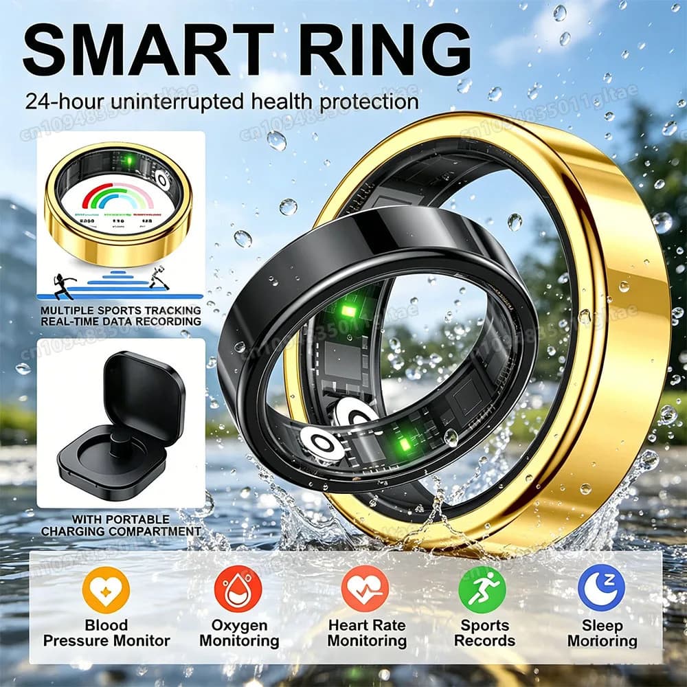Anello Intelligente R10 con Scatola di Ricarica, Monitoraggio Salute per Uomini e Donne, Sonno, Pressione Sanguigna, Frequenza Cardiaca, Impermeabile IP68 5ATM, Modalità Multi-sport