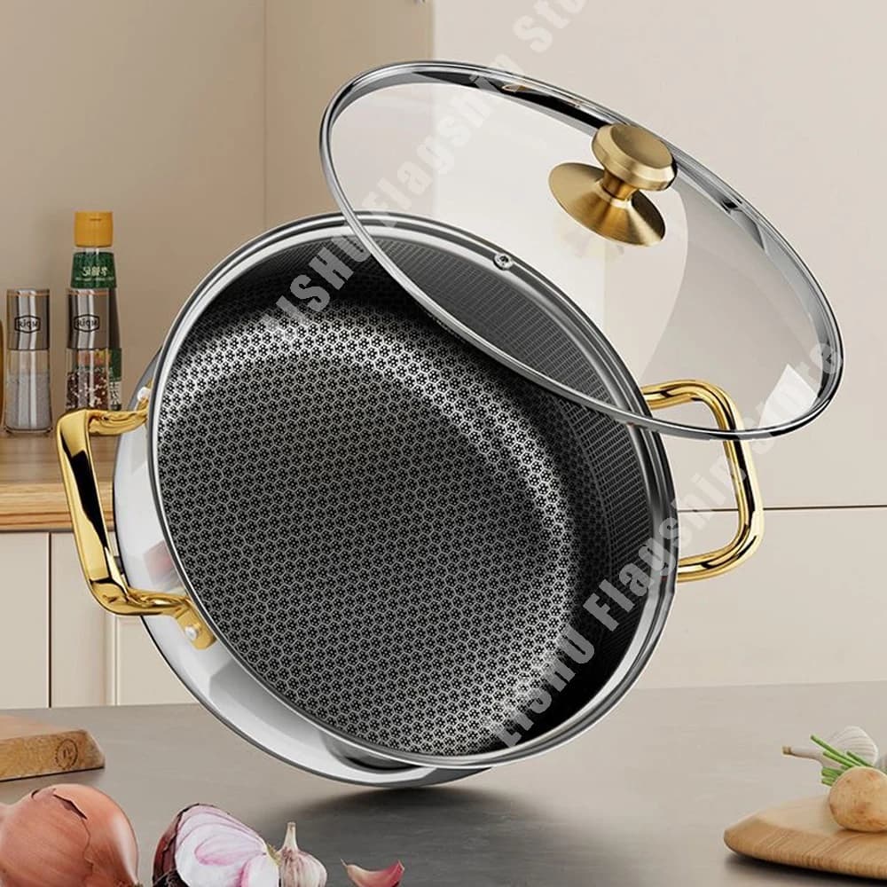 Stainless Steel Soup Pot Wok Non-stick pan Honeycomb with lid Household Hot Pot Induction Cooker Gas Stove Universal Frying Pan
