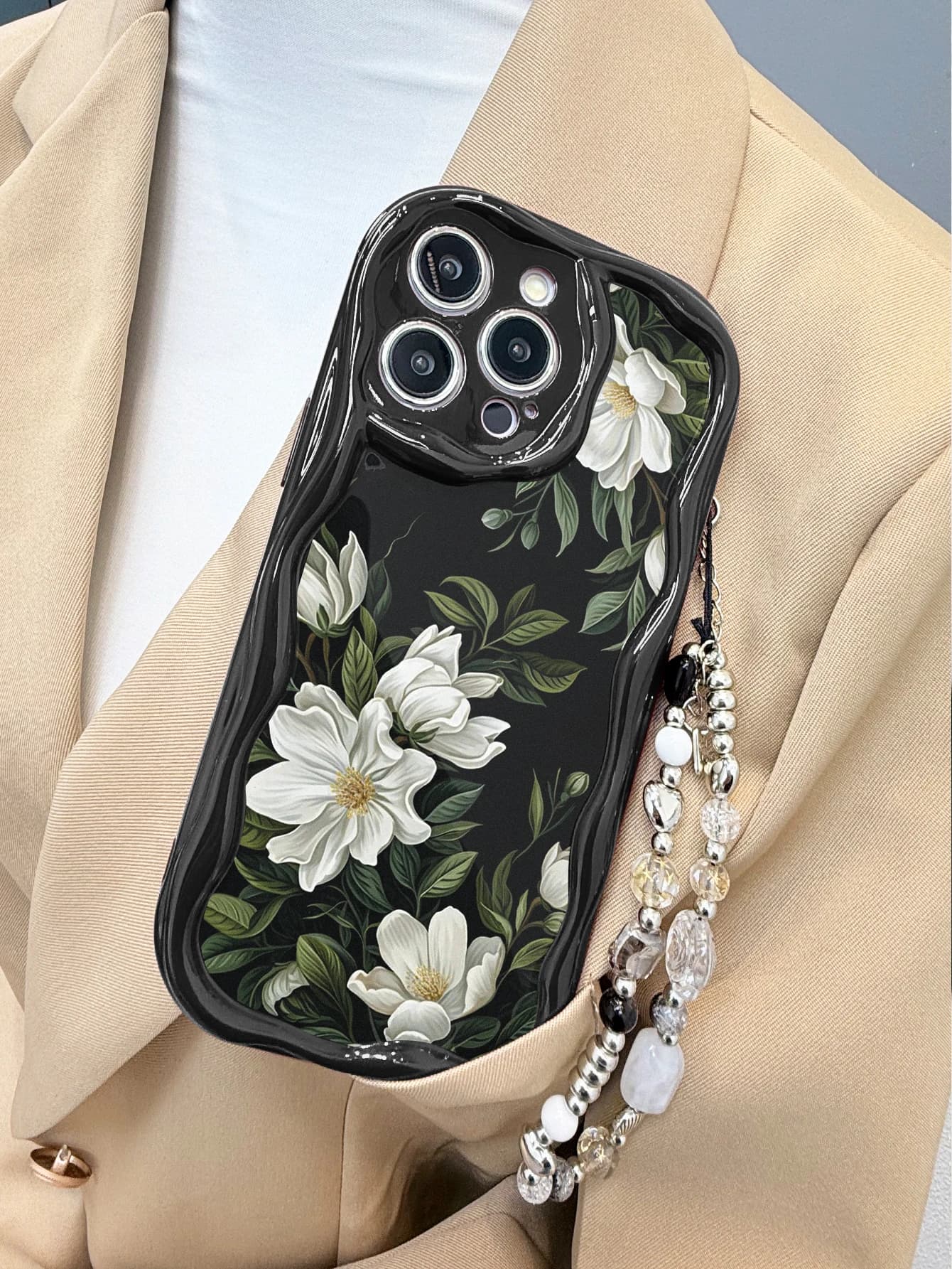 White Magnolia Floral Phone Case for iPhone 16 15 14 13 Pro Max Black Wavy Edge Silver Mixed Bead Wrist Chain Protectiv Cover