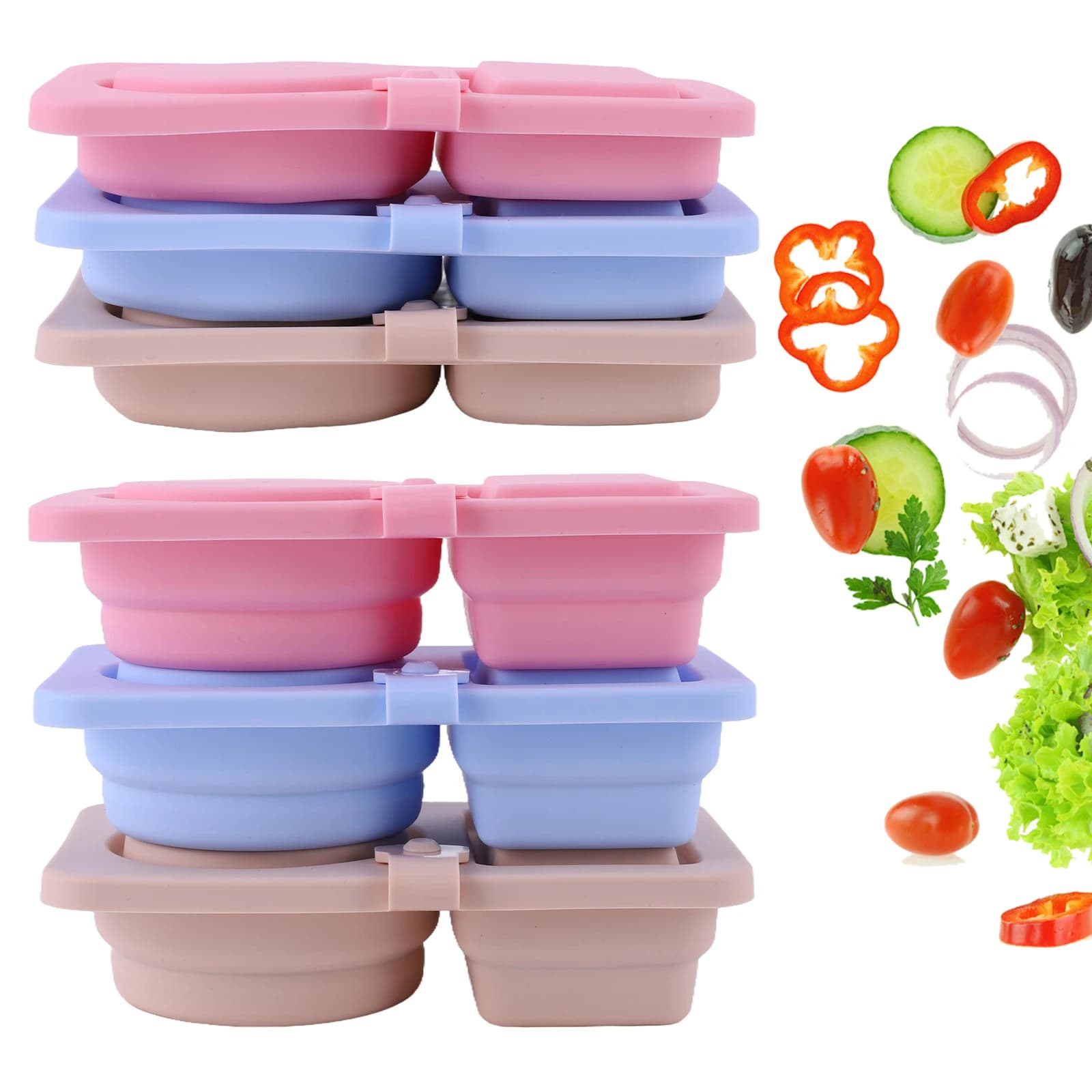 3Pcs 2 Compartment Silicone Snack Containers with Lid Food Storage Containers Sauce Seasoning Container for Work