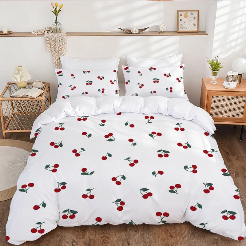 Set duvet cover 3 pieces background red white cherry with fruit print pattern (1 headdress + 2 pillow), soft to the touch