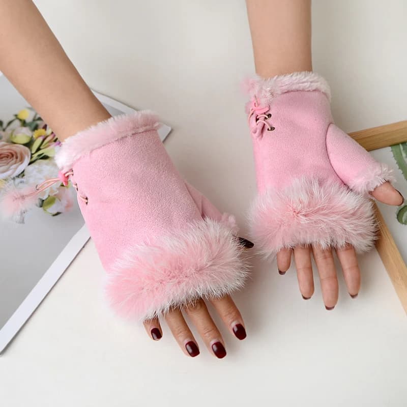Guanti Invernali da Donna Caldi in Finta Pelle Scamosciata con Pelo di Coniglio, Mezze Dita, Eleganti e alla Moda