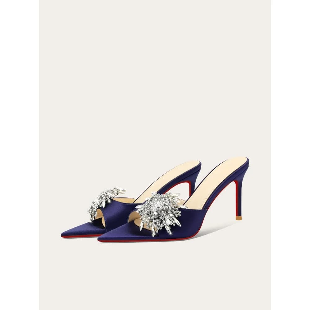 Pointed Toe Open Toe High Heel Sandals Women Luxury Blue Crystal Flower Slides