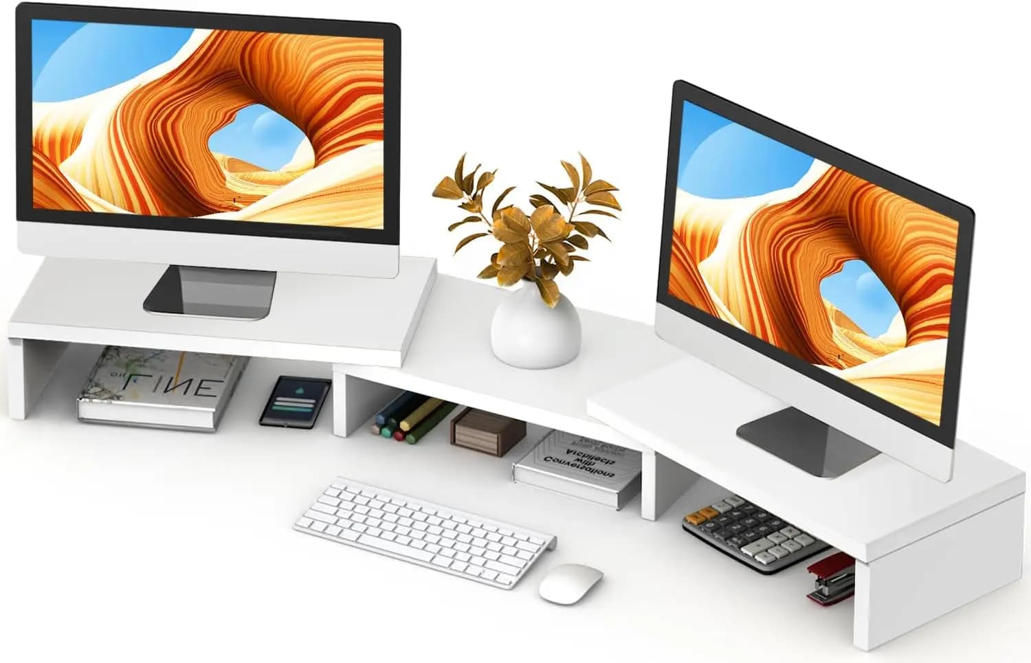 Supporto per Doppio Monitor, Organizzatore da Scrivania Regolabile per Computer, Laptop, TV fino a 43,3 Pollici in Bianco