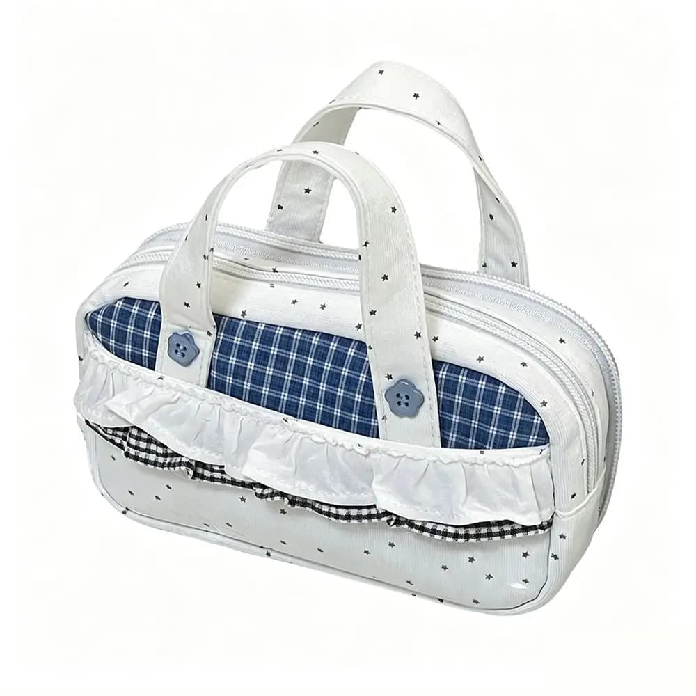 Plaid Polka Dot Pencil Case with Clear Itabag Handheld Pencil Pouch Multi-Compartment Large Capacity Pen Bag Students