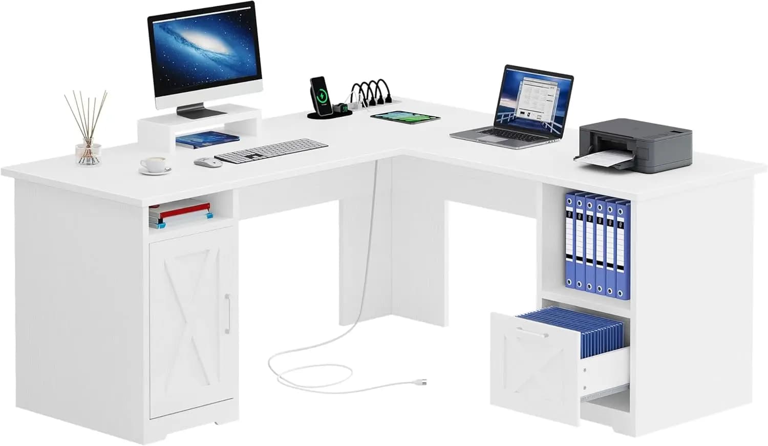 60-inch L desk with electric sockets, Document holder, Monitor and White shelves for Home Office