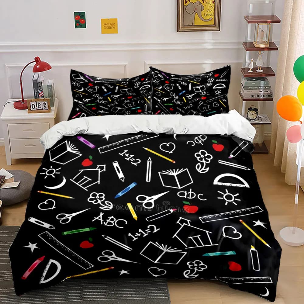 Education Elements Doodle Background Printed Duvet Cover Set 1 Duvet Cover+2 Pillowcase Multi Size Bedroom Bedding Decor
