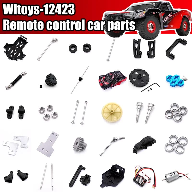 Wltoys-12423 Parti automobilistiche RC Albero girevole Cuscinetto ingranaggi Tirante Asta Sterzo Tazza Braccio oscillante Motore Viti per pneumatici Telaio in metallo
