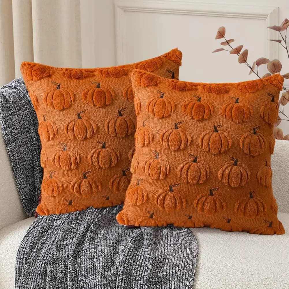 Federa da tiro decorativa autunnale 45x45 cm Fodera per cuscino in pelliccia sintetica di zucca per il raccolto autunnale del Ringraziamento, federa per divano camera da letto