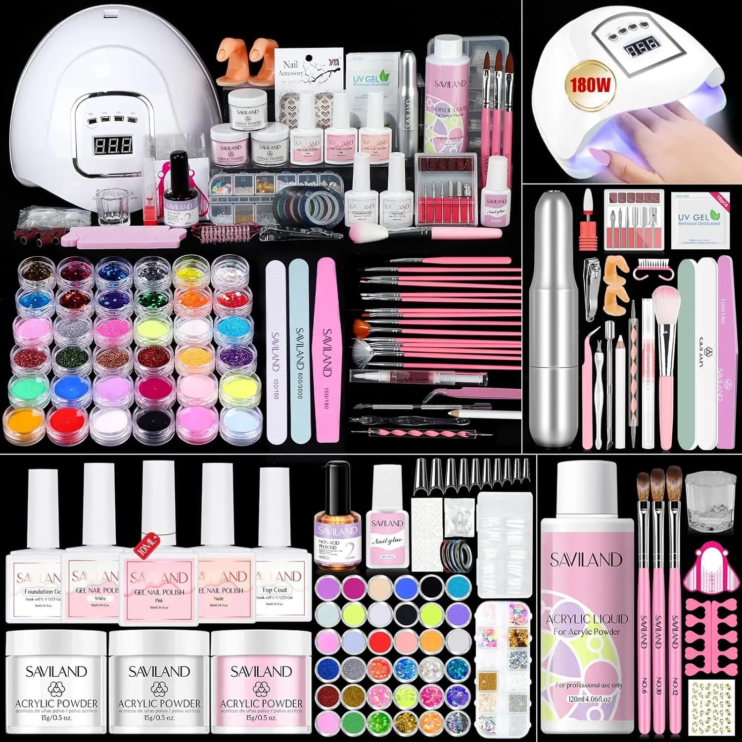 Kit per unghie acriliche per principianti con smalto gel, lampada da 180 W, trapano e strumenti completi per nail art fai da te a casa