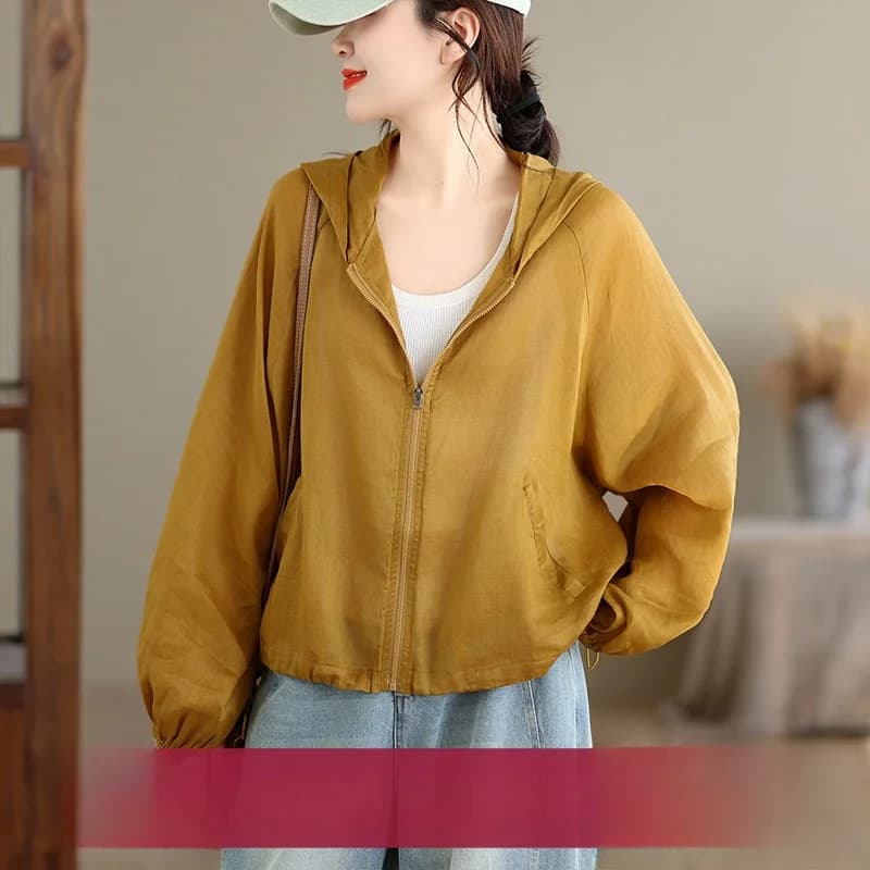 Simple Summer Thin Hooded Zipper Pure Color Women's Shirt Jacket Outerwear Ultra Wave Sun Protection Open Cardigan Top