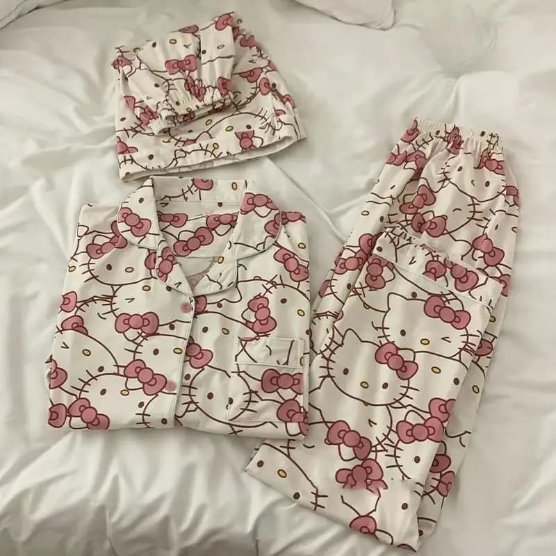 Girls 3-Piece Soft Cotton Loungewear Set Cute Hello Kitty Cartoon Loose Fit Daily Nightwear Casual Home Pajamas