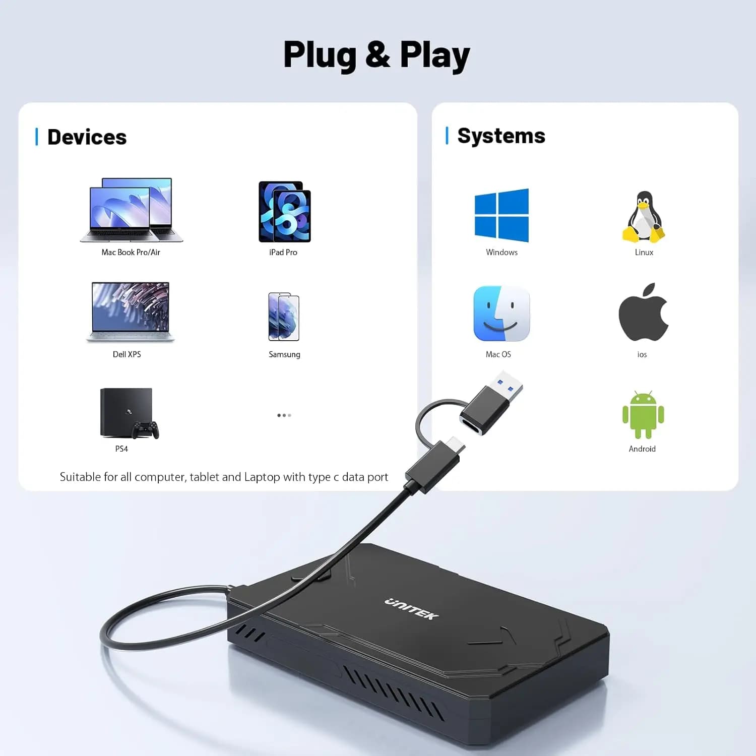 Custodia per disco rigido USB C 10Gbps M.2 SATA Dual Bay Supporto NVMe PCIe SSD Custodia per disco rigido SATA HDD SSD da 2,5 pollici per PC portatile