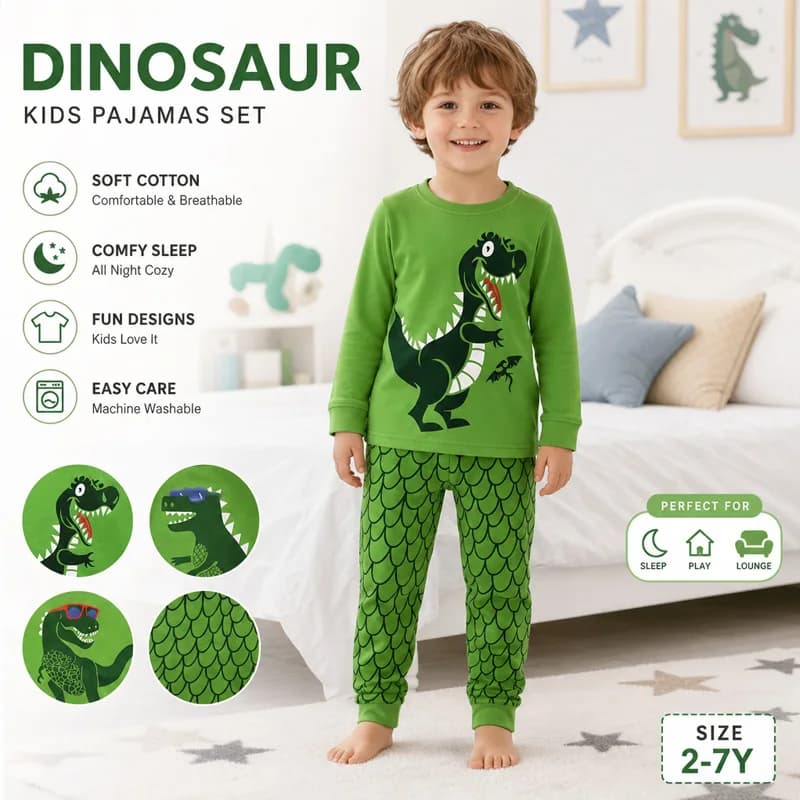 Little Hand Boys Long Sleeve Pajamas Sleepwear 100% Cotton Toddler Dinosaur Pjs Sets Kids Loungewear for 2-7T Spring Autumn