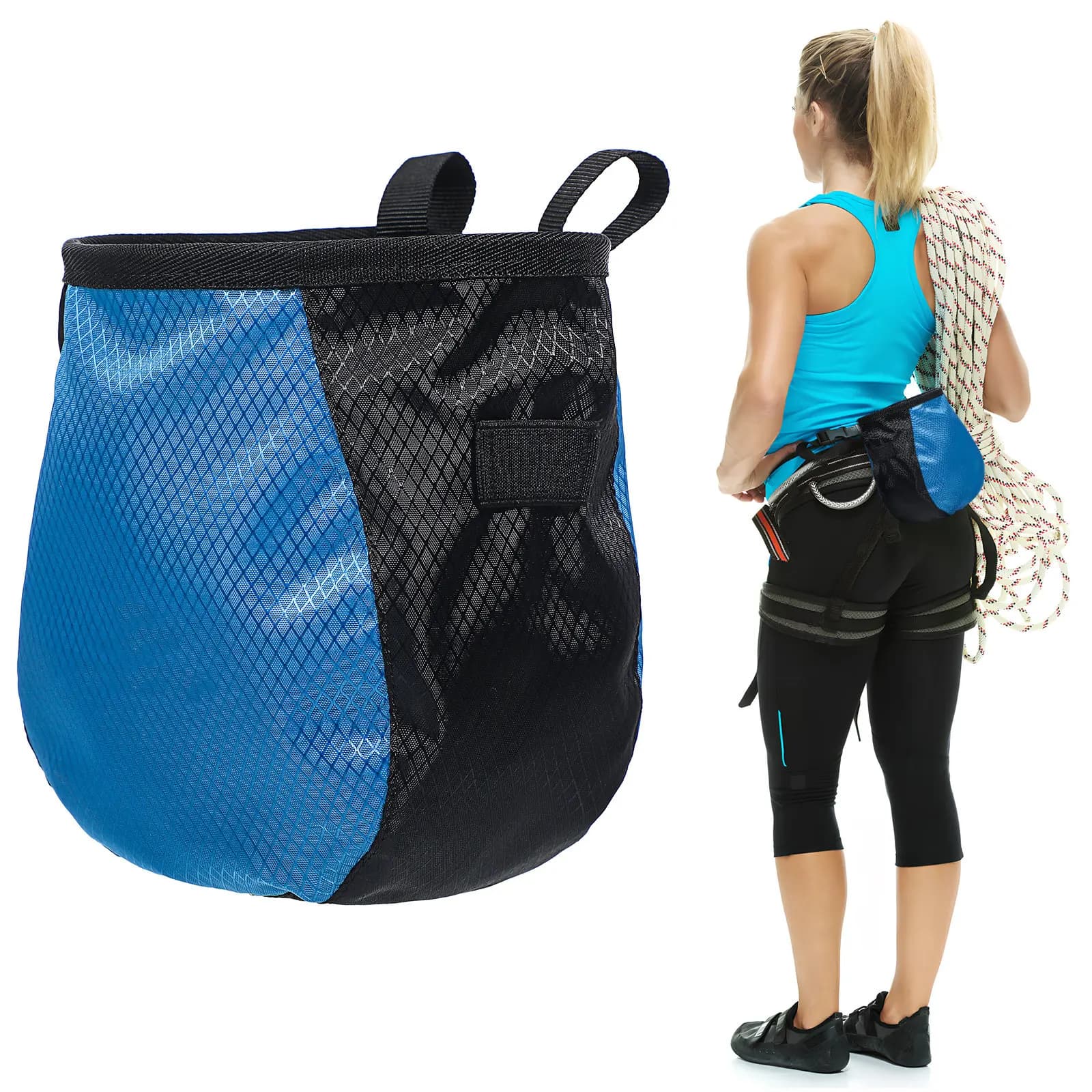 2Pcs Climbing Chalk Bag Large Capacity Hard Brim Drawstring Polyester Rock Climbing Gear Gym Chalk Bag Hiking Sports Waist Pack