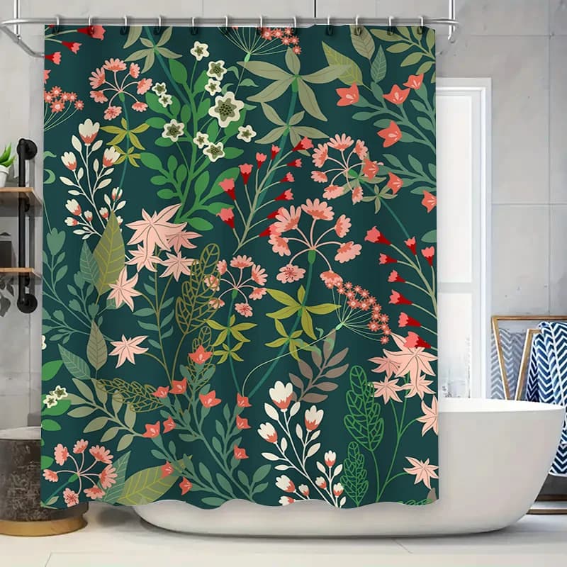Tenda da doccia floreale verde Decorazione tappetino da bagno impermeabile per la decorazione del bagno di casa Stampa di fiori verdi rosa Stile shabby chic (1