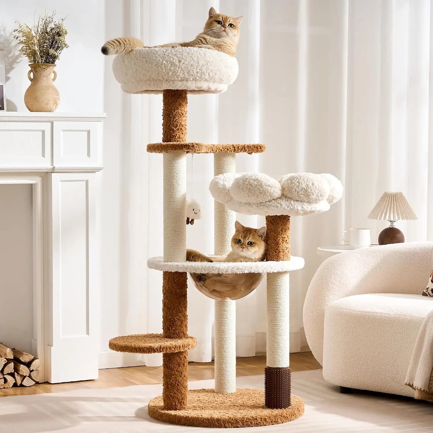 Modern Cat Tree Tower with Scratching Post for Indoor Cats Up tp 15lbs, 50.5" Tall Cat Tree with Flower/Fluffy Cat Beds, Acrylic