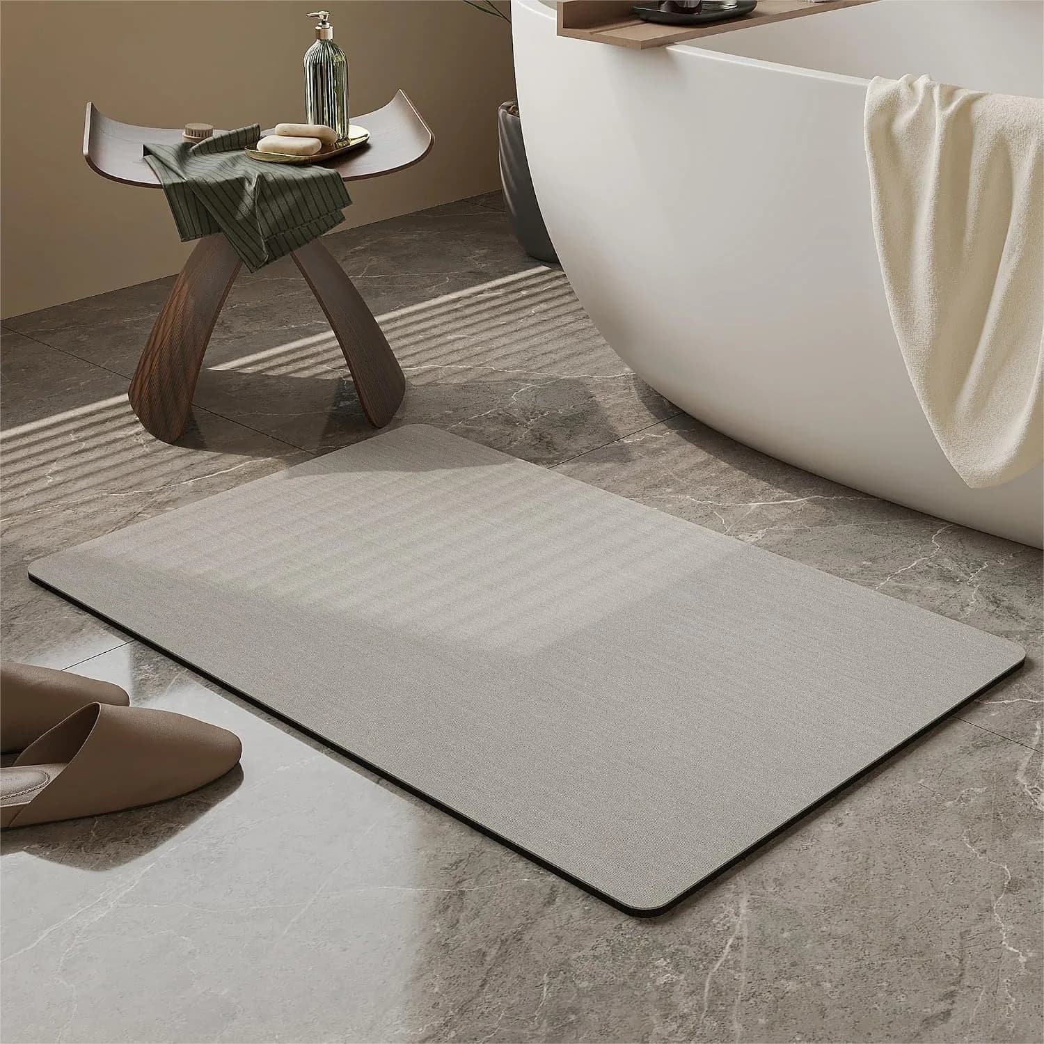 Non-Slip Bath Mat Rug, Quick Dry Absorbent Thin Bathroom Floor Mats for Shower, Bathtub, Sink, Light Grey 16x24