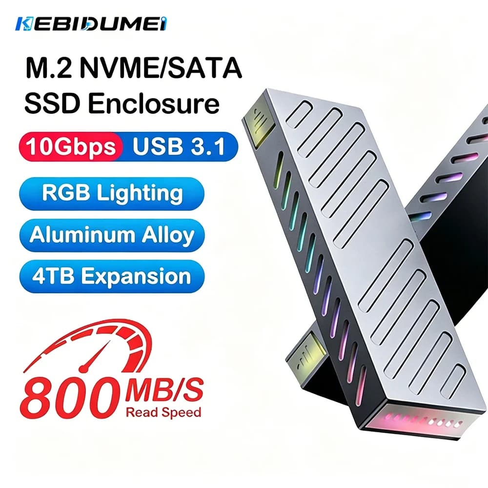 Kebidumei M.2 NVMe SATA SSD Enclosure 10Gbps PCIe SSD Case RGB External Portable SSD Box USB C 3.1 Gen2 for 2230/2242/2260/2280