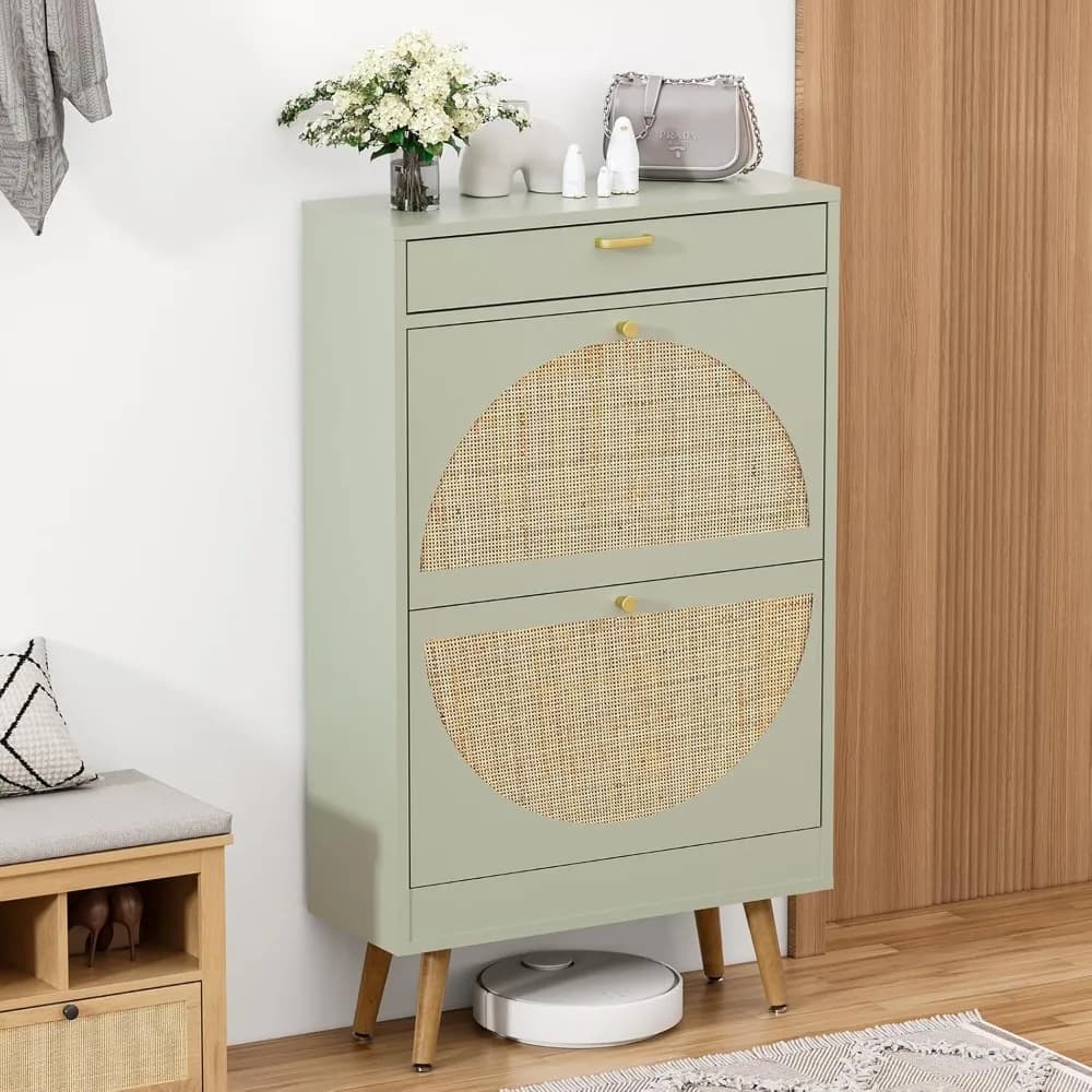 Organizer per scarpiera con porta semicircolare in rattan naturale, armadio da ingresso in legno per scarpe da ginnastica e scarpe in pelle