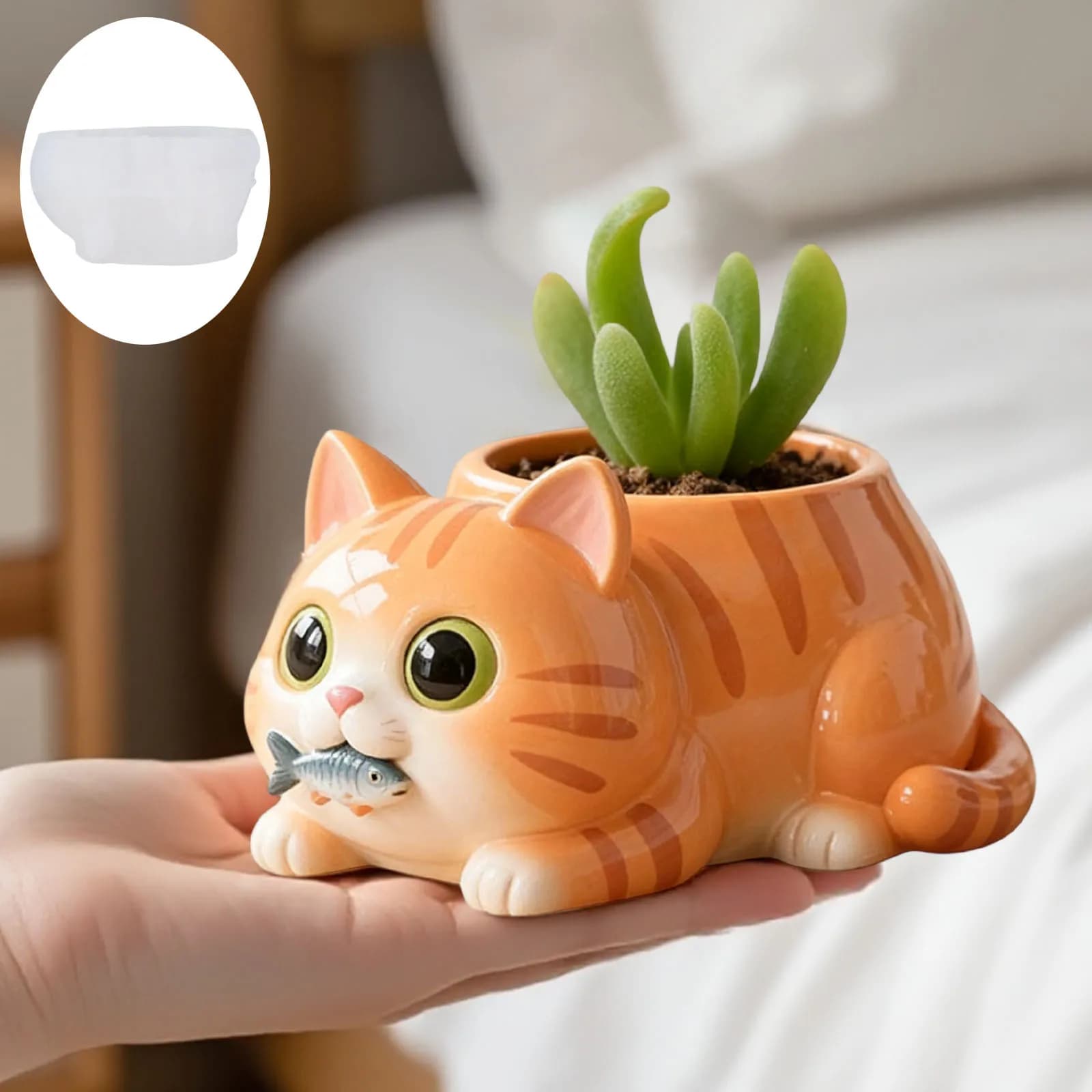 Cat Eating Fish Flower Pot Silicone Mold,3D Cartoon Kitten Succulent Planter Mould,DIY Concrete Resin Storage Box Home Decor