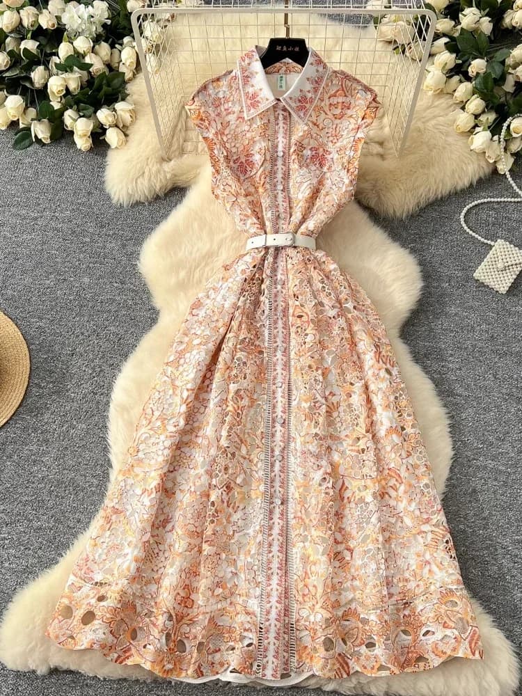 Primavera Francia Elegante abito da sera vintage di lusso da donna Stampa con bottoni a fascia Abito da festa lungo Abbigliamento casual da vacanza femminile Nuovo