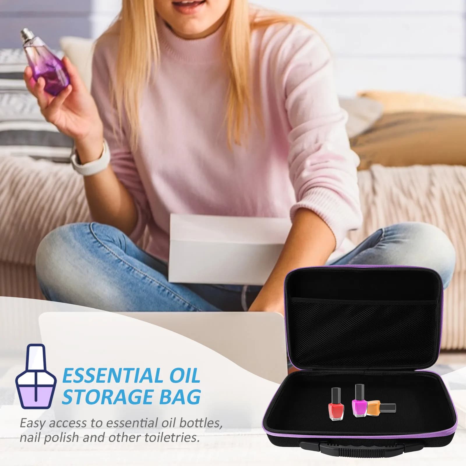 Scatola per lo stoccaggio di oli essenziali, design con cerniera, custodia antiurto e anti-caduta per oli in bottiglia da 5 ml e 10 ml, custodia portatile da viaggio.