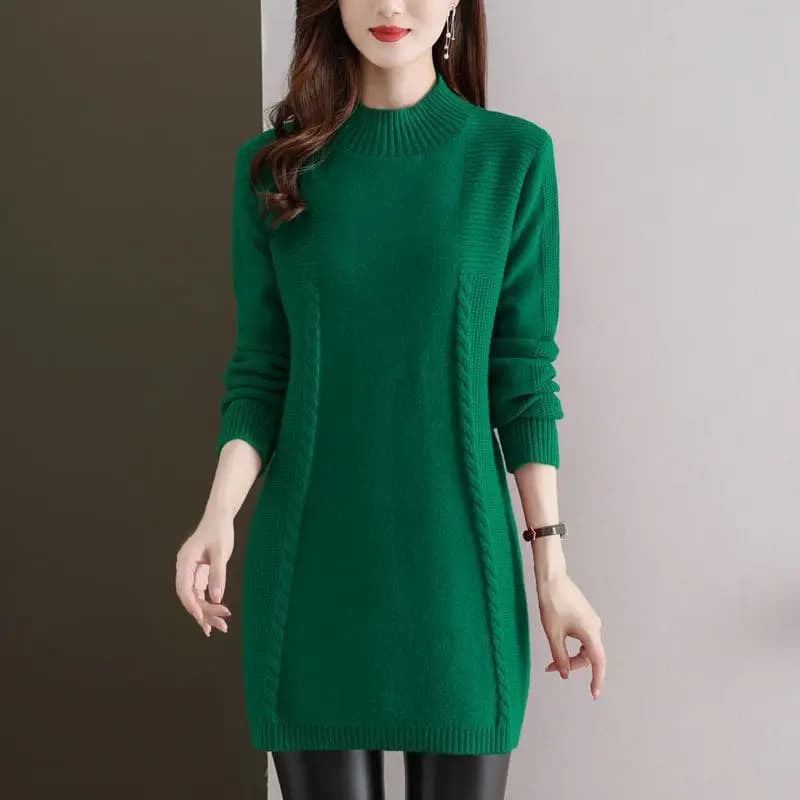 Capispalla ispessito inverno nuova moda donna tinta unita interno camicia base allentata maglione lavorato a maglia medio lungo mezzo collo alto