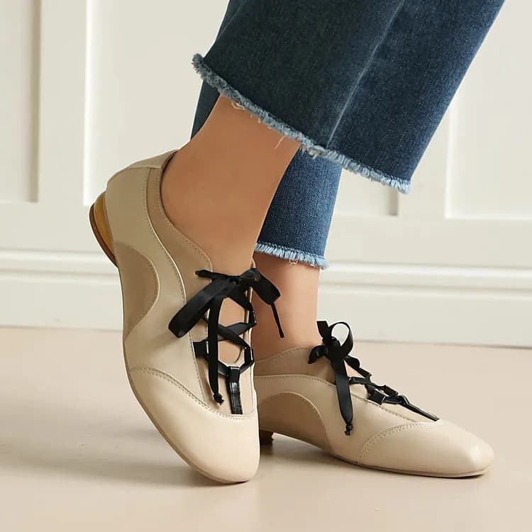 Casual Round Toe Flat Heel Women Shoes Lace-up Shallow Leather Mary Jane Shoes Daily Walking Female Single Shoes