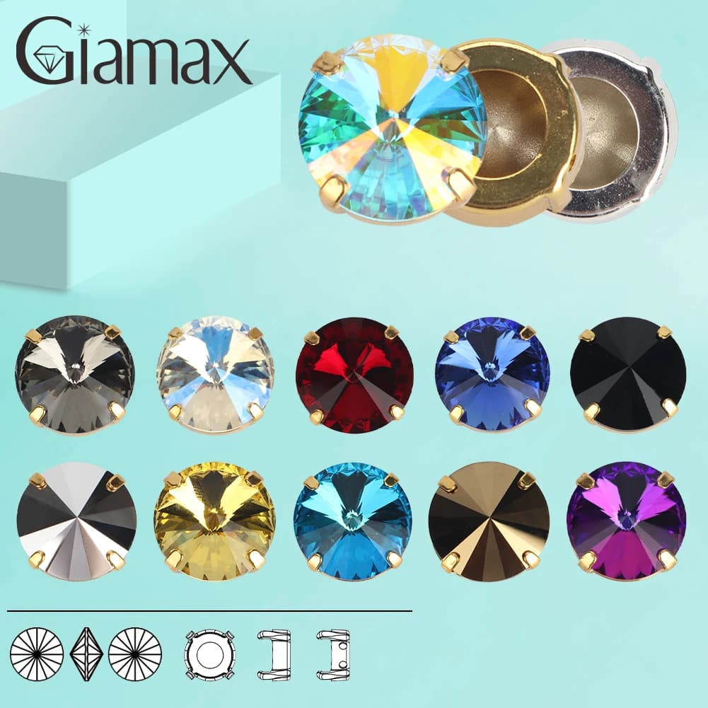 Giamax Siam Crystal AB Rolivi Pietra da cucire in cristallo di vetro rotondo con artiglio in oro e argento da cucire su strass per borse per abiti