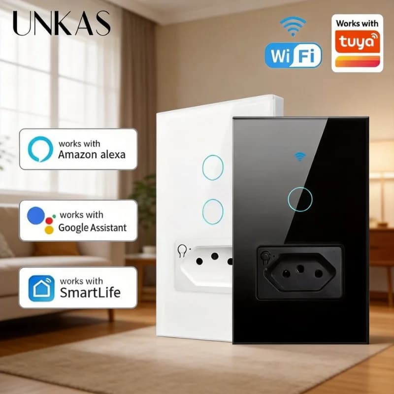 UNKAS Wifi Smart Brazil Light Switch Works with Tuya Wall Socket Plug Outlet Touch Sensor Glass Panel Remote Control By Alexa
