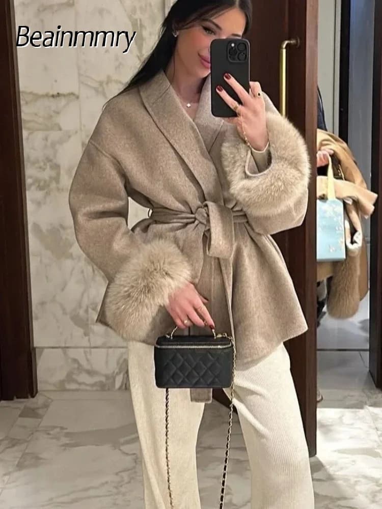 Elegant Lace Up Woolen Short Coats Solid Loose Lapel Furry Belt Long Sleeve Jacket Female 2025 Autumn Winter Lady Chic Cardigans