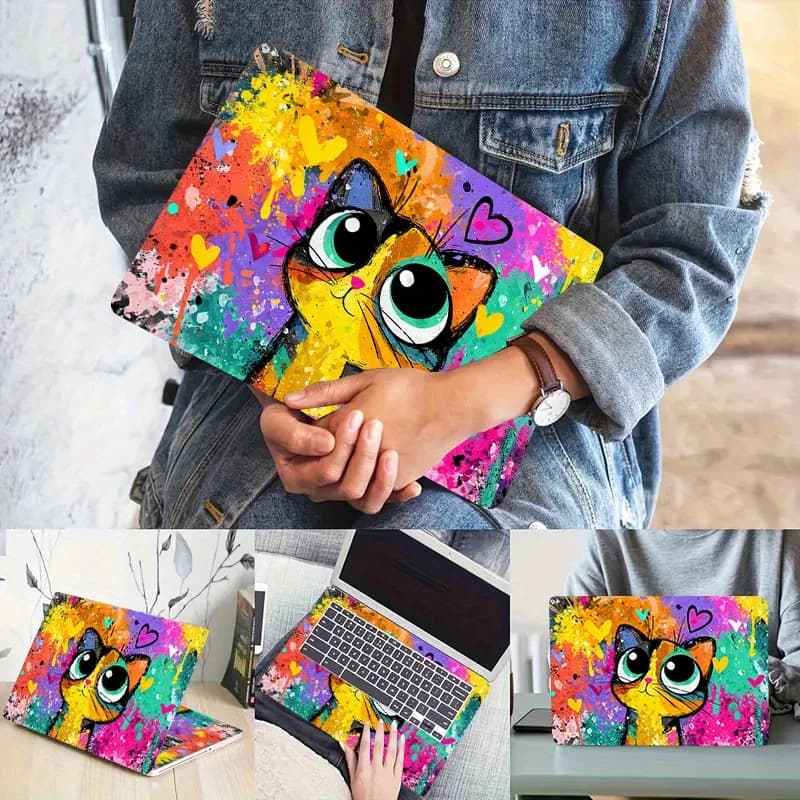 Pack of 2, Cat Pattern PVC Laptop Case Sticker with Color Background, Scratch Resistant DIY Art Case for HP Dell, Lenovo, Apple