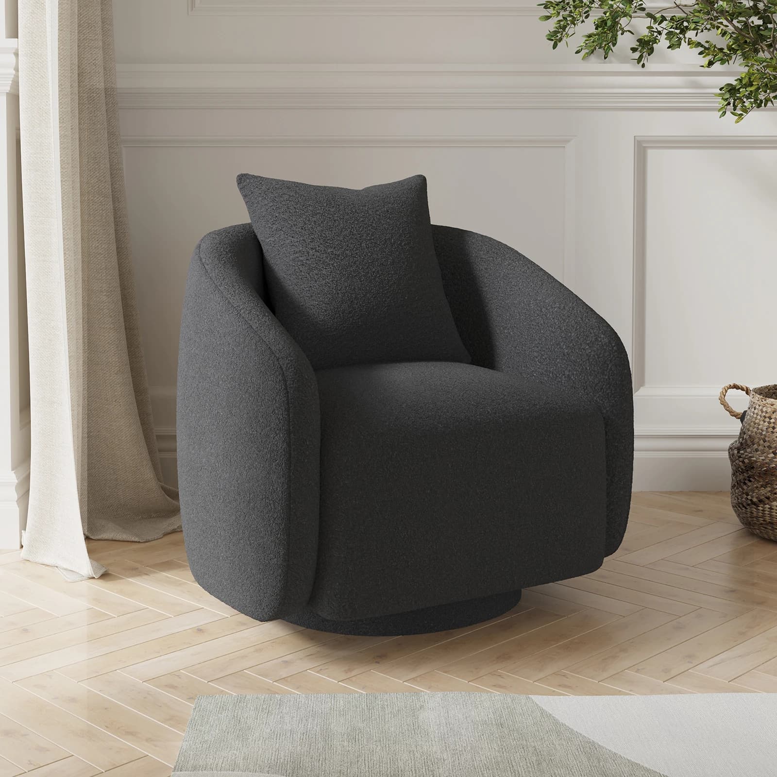 Swivel Accent Chair, Barrel Armchair with Back Pillow & Wood Frame for Living Room, Bedroom, Office