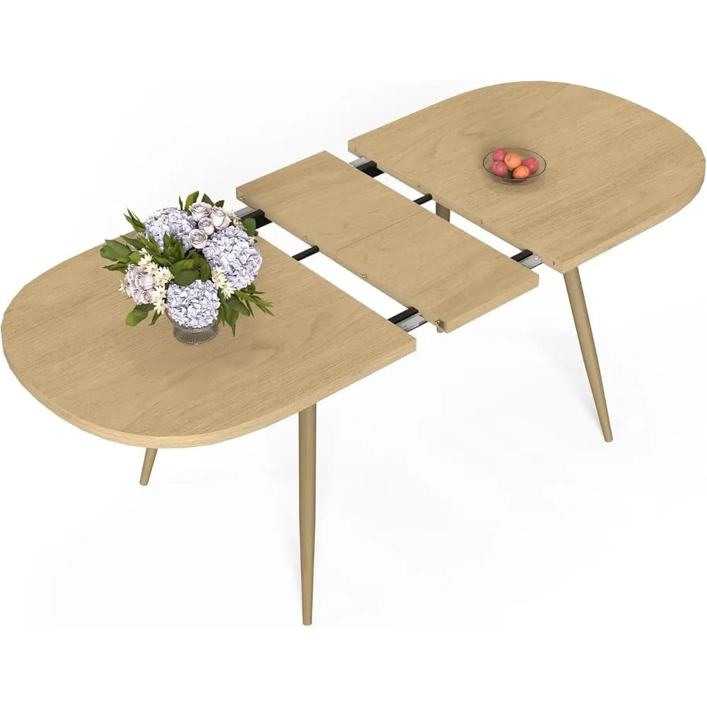 Tavolo da pranzo allungabile per 6, tavolo da cucina ovale moderno con eleganti gambe in metallo, grande set da pranzo, grana naturale