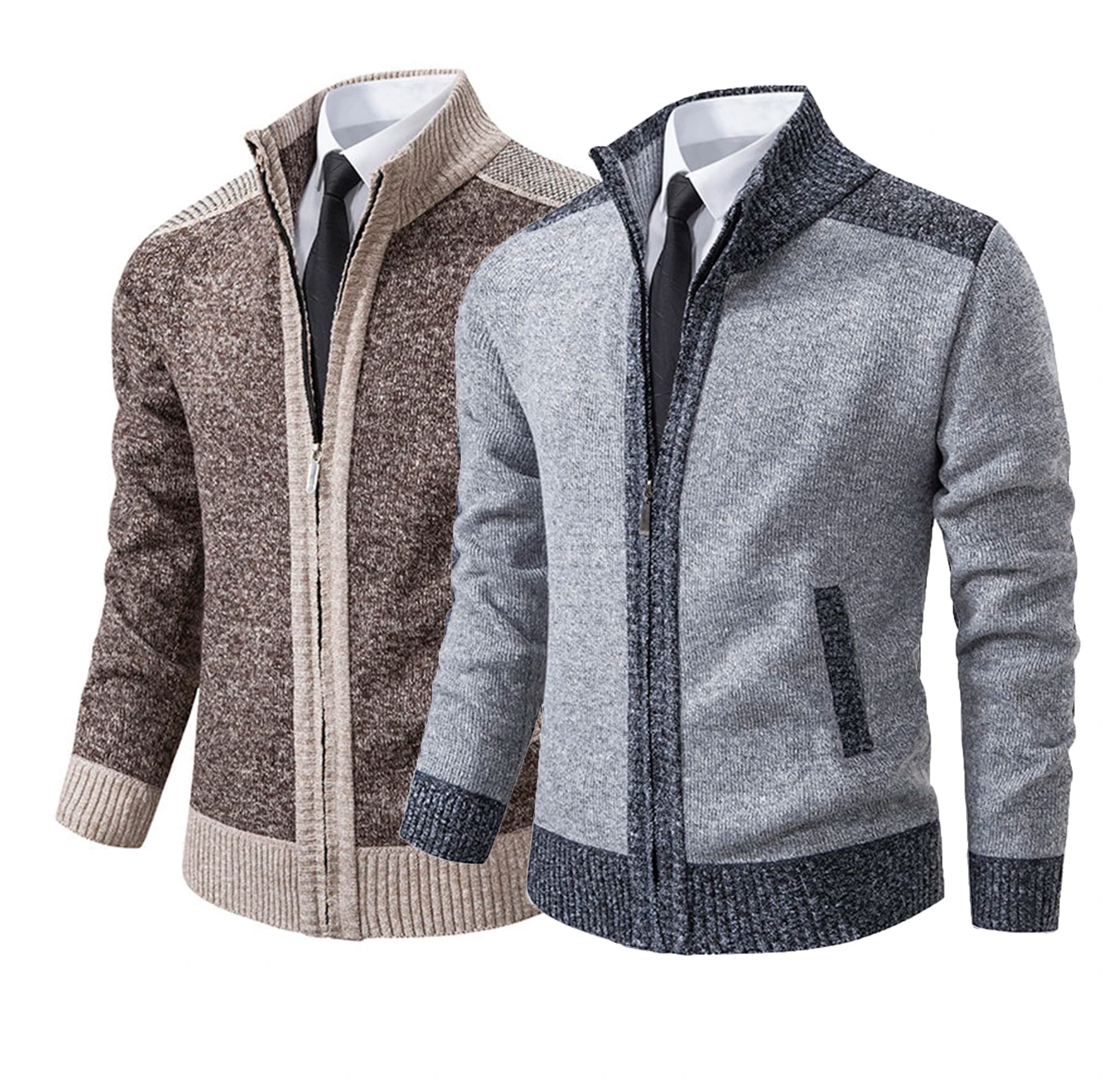 2PCS Men's Zip Up Knitted Cardigan Sweater Stand Collar Casual Jacket Long Sleeve Full Zip Knitwear Coat with Pockets
