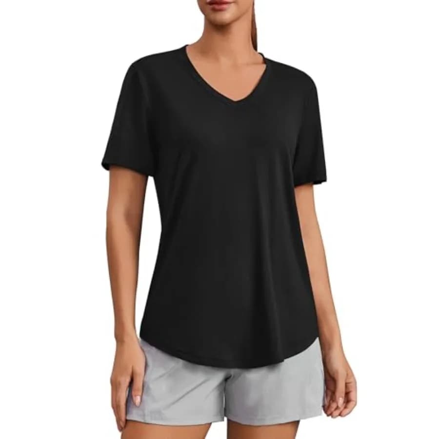 PINSPARK Women's Soft Sport T-shirts Court sleeves with V-neck, Breathable, Solar Protection UPF 50+, Fast drying, for Gym