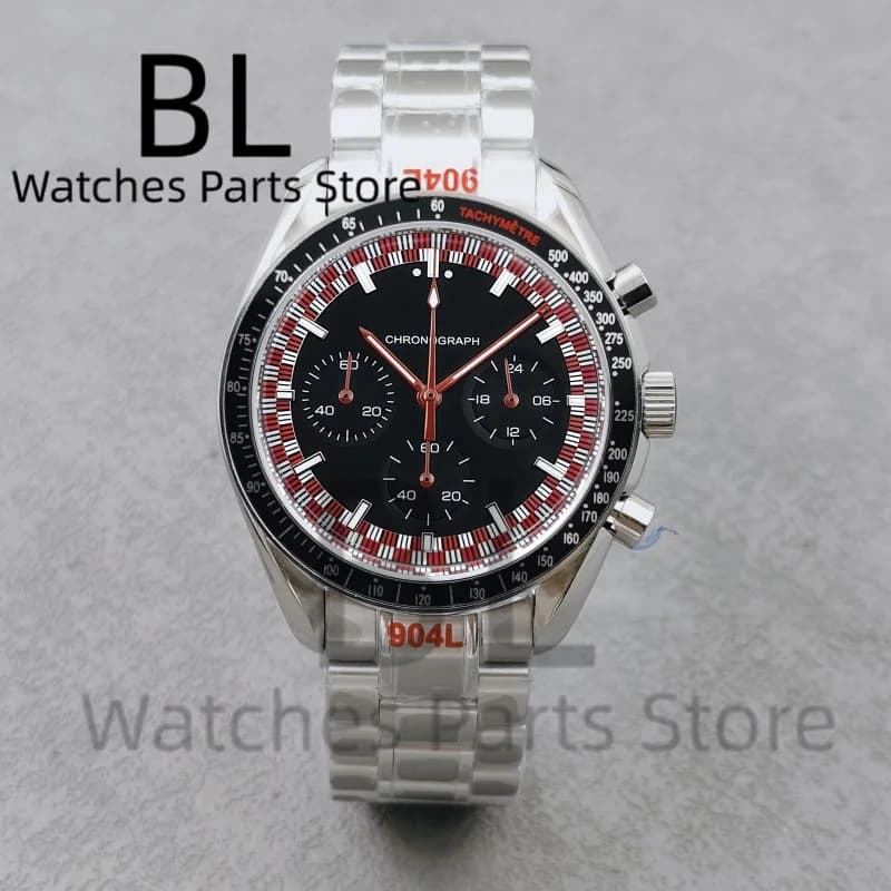 BLIGER 40mm VK63 Moon Quartz Chronograph Men's Watch Bright Moon Red White Dial Dome Mineral Glass Waterproof Reloj Hombre
