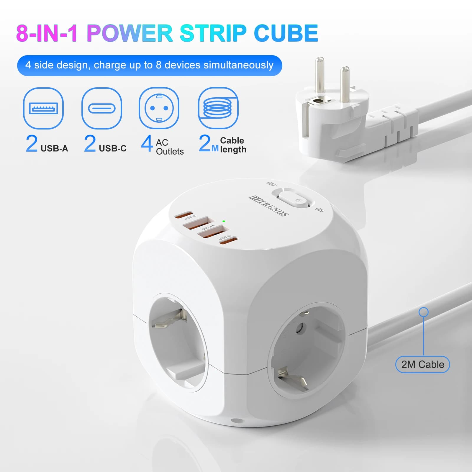 Spina UE Multipresa Cube con 4 prese CA 2 porte USB 2 Tipo C Cavo di prolunga da 2 M Adattatore presa multipla con interruttore per la casa