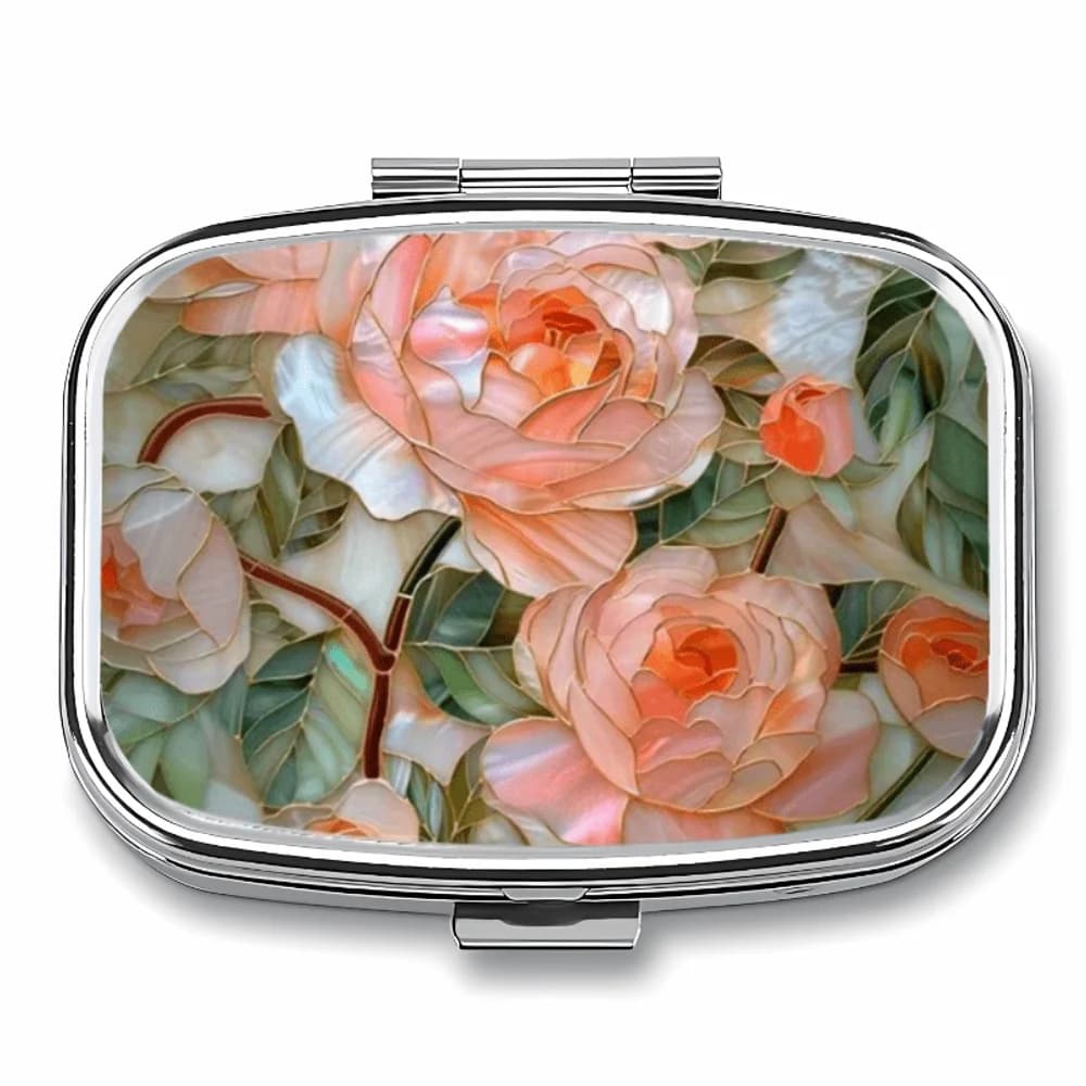 Rectangular Round Metal Pill Box, 23 Storage Compartments, Rose Flower Shape, Portable Wallet Protective Case, Unique Gift