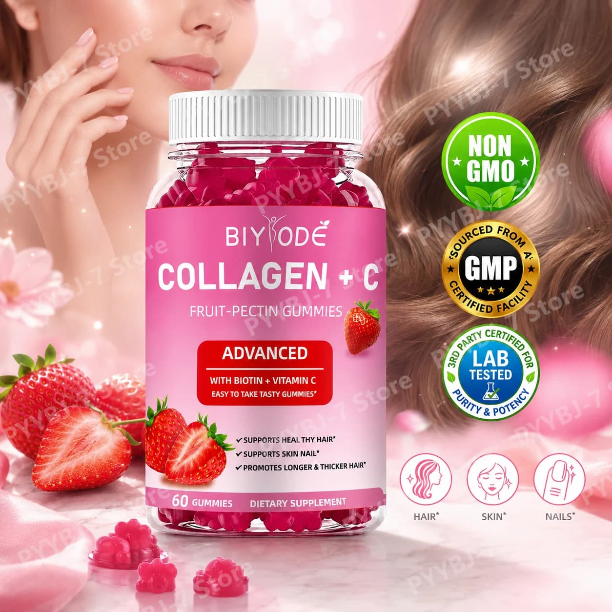 Collagen Biotin Gummies Supports Healthy Hair Skin Nails Strawberry Flavor – 60 Count – Beauty Supplement