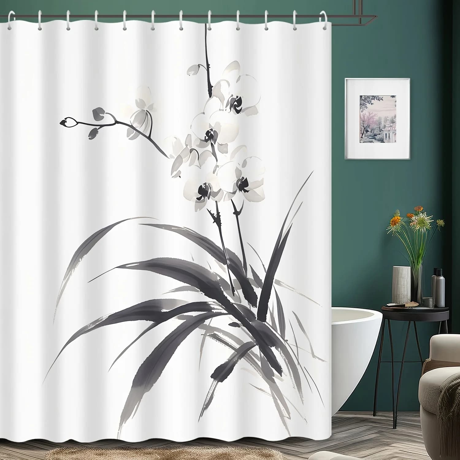 1 elegante tenda da doccia orchidea - 72x72", design asiatico con lavaggio inchiostro, impermeabile, per bagni di casa e hotel