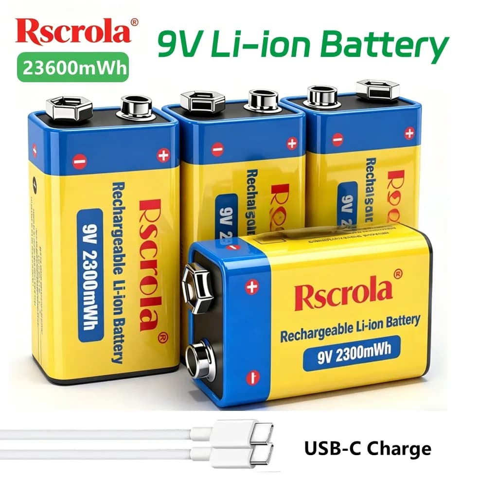 Batteria ricaricabile agli ioni di litio da 9V 23600mWh, batteria da 9V a lunga durata, ricarica Type-C, per rilevatori di fumo, walkie-talkie, apparecchiature di test