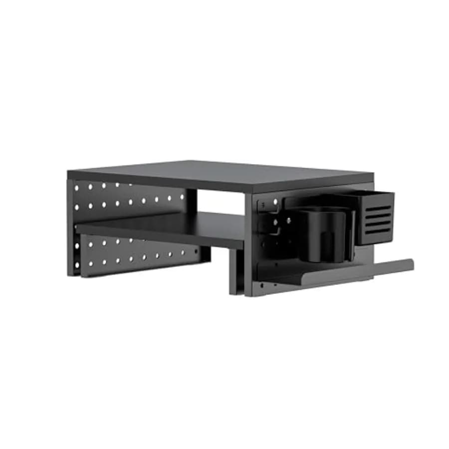 Supporto per doppio monitor/laptop Pegboard per uso domestico e in ufficio, MDF nero e metallo, design ergonomico a doppia piattaforma con accessori inclusi