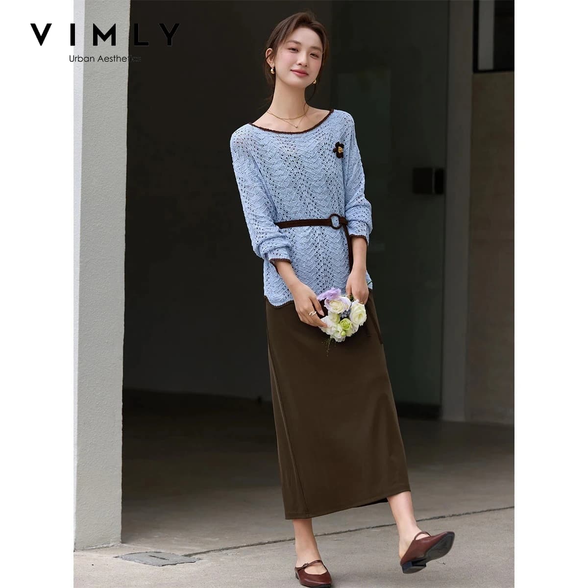 VIMLY Two-piece Set Women Blue Hollow-out Pullover Knit Top Coffee Sleeveless Long Dress Fall 2026 Elegant Matching Outfit 30683
