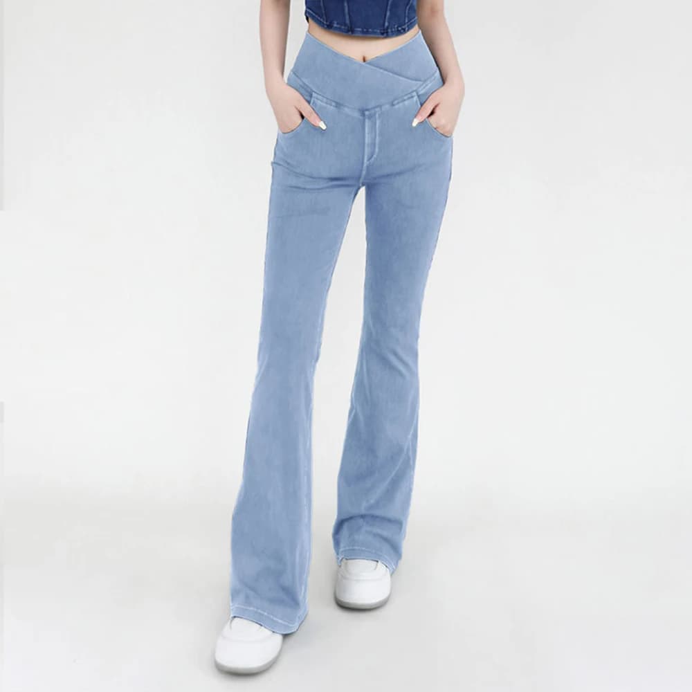 Jeans da Yoga per donna pantaloni in Denim pantaloni svasati Sexy pantaloni da donna sollevamento dell'anca e Design a vita incrociata sport Indoor svasati all'aperto